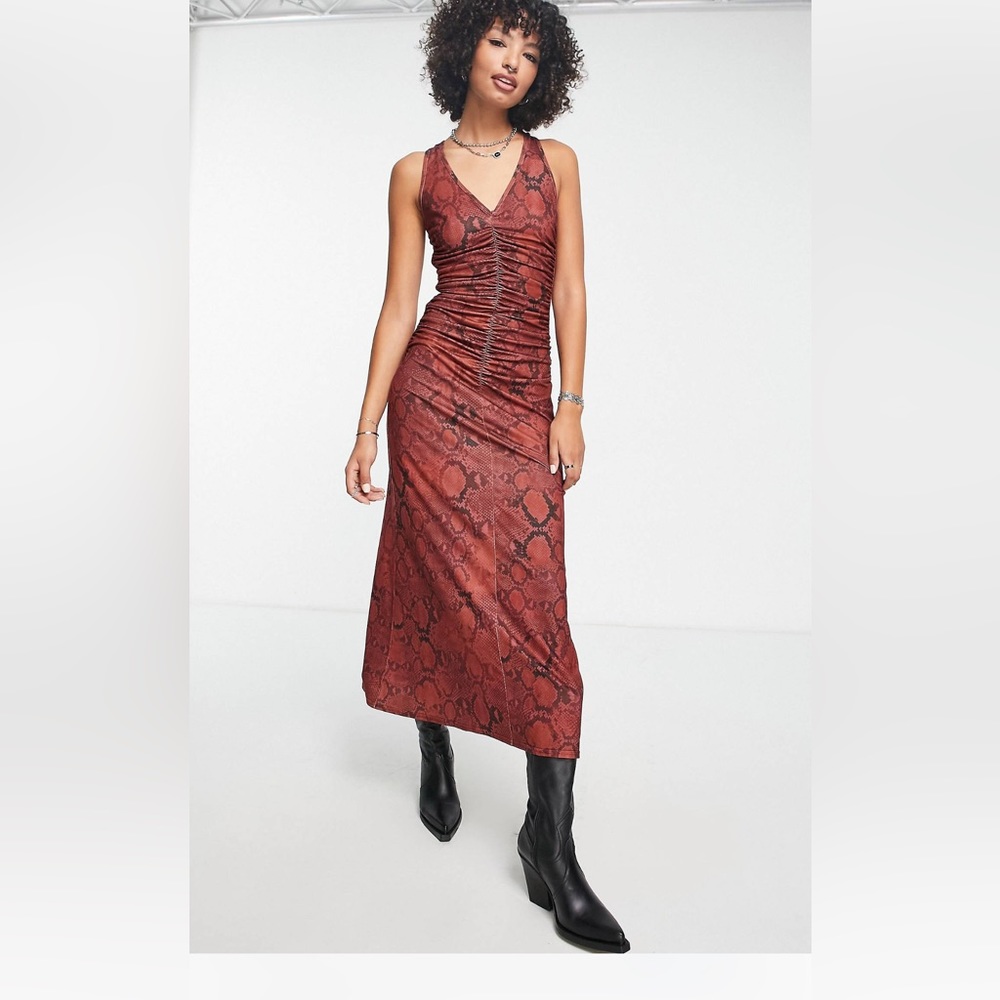 ASOS Midi Maxi Red Snake Print Dress Ruched front